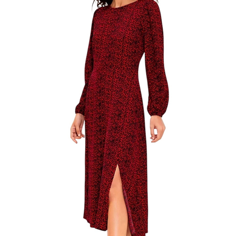 Women's LOFT Red Black Leopard Print Long Sleeve Dress 6P